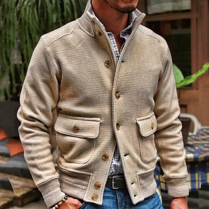 Men’s Jacket – Slim Fit – High Collar – Soft Textured Fabric – Button Front – Flap Pockets