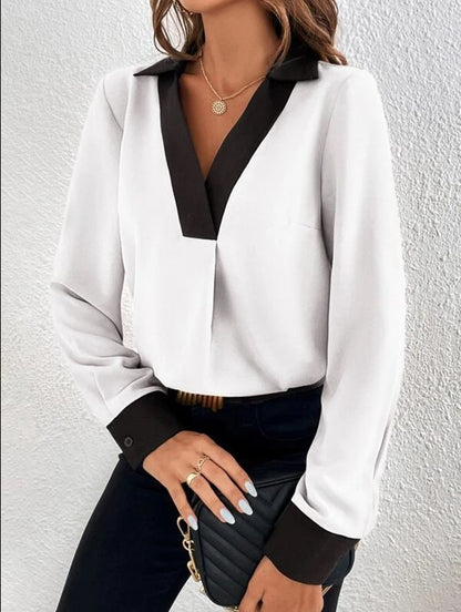 Women’s Blouse – V-Neck Contrast Trim – Relaxed Fit – Long Sleeve Pullover Style