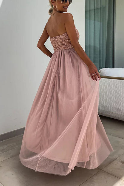 Women’s Maxi Dress – Strapless Textured Bodice – High Slit – Flowy Luxury Fabric