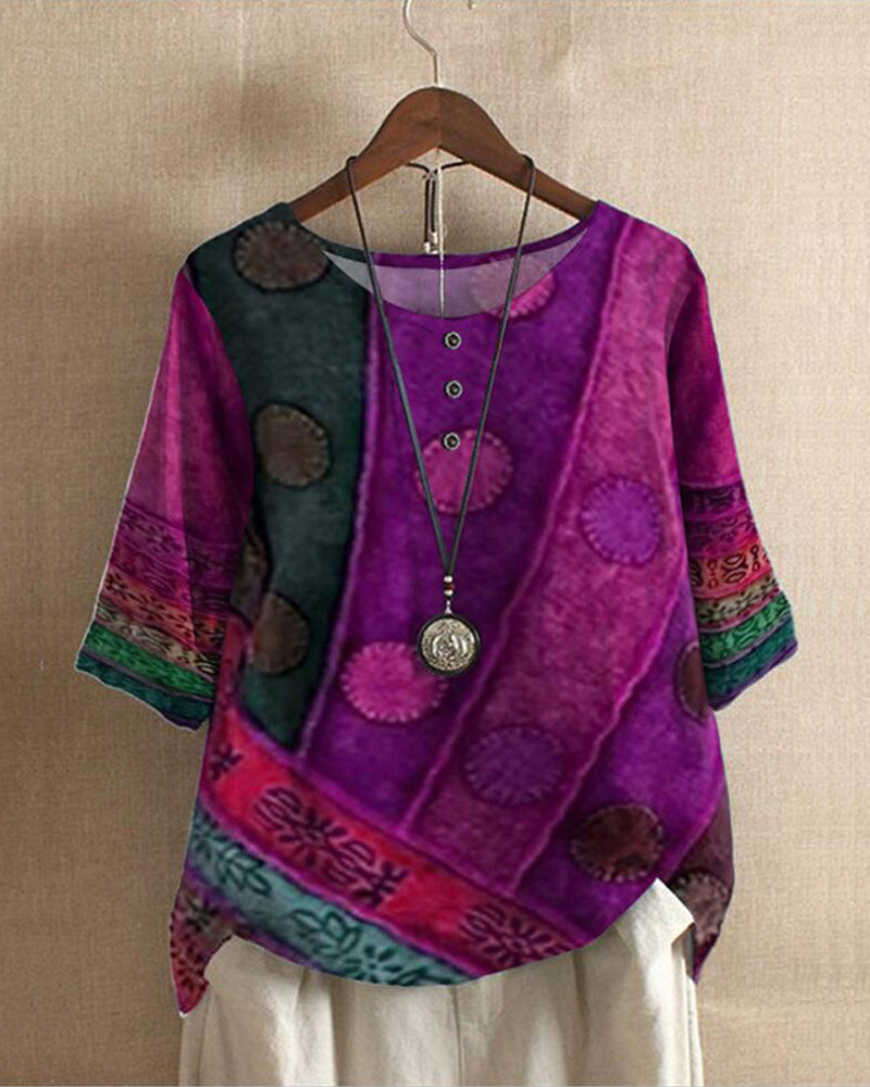 Women’s Boho Top – Relaxed Fit – Natural Fiber – Button Front – 3/4 Sleeve Casual Wear