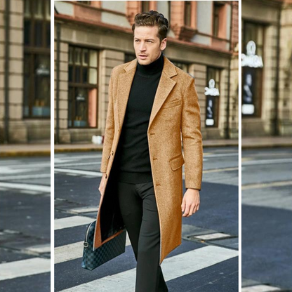 Men’s Knee-Length Coat – Tailored Fit – Wool Blend – Lapel Collar – Formal Style