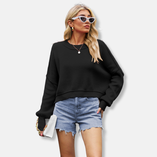 Women’s Sweatshirt – Relaxed Fit – Cropped Length – Ribbed Cuffs and Hem – Cotton