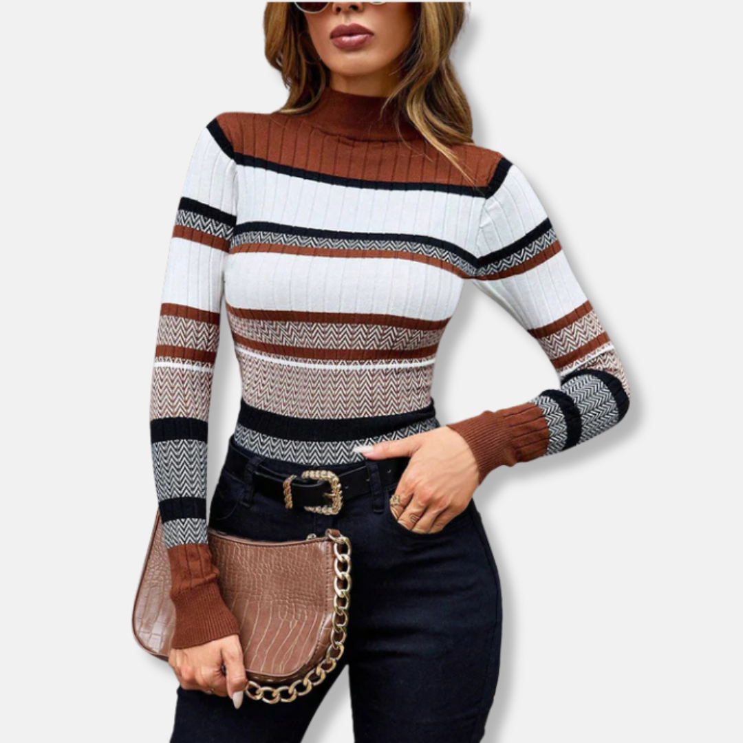 Veronica Cotton Blend Ribbed Chevron Turtleneck Sweater | Slim Fit Striped Sweater
