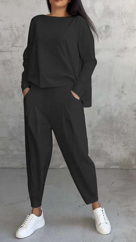 Women’s Two-Piece Set – Relaxed Fit – Long Sleeve Top – Tapered Harem Pants – Breathable Cotton