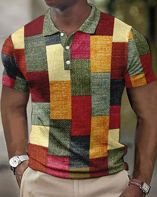Men’s Polo Shirt – Slim Fit – Soft Knit – Patchwork Design – Short Sleeve Casual