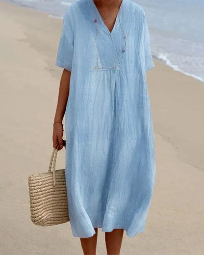 Women's Knee-Length Dress - Cotton Linen Blend - Loose Fit - V-Neck Short Sleeve Casual Wear