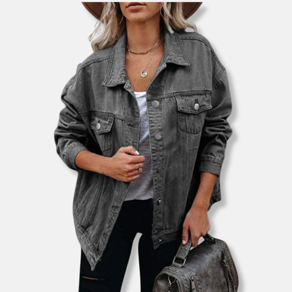 Women’s Denim Jacket – Oversized Fit – Pointed Lapel – Button Front – Utility Pockets