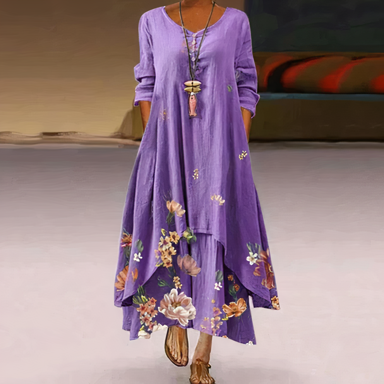 Women's Maxi Dress - Long Sleeve - Flowing Fit - Round Neck - Button Front - Floral Print