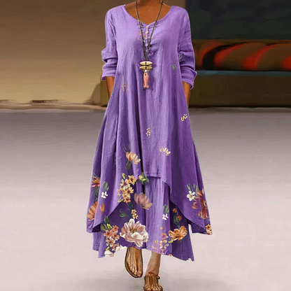 Women's Maxi Dress - Long Sleeve - Flowing Fit - Round Neck - Button Front - Floral Print