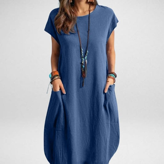 Women’s Midi Dress – Relaxed Fit – Breathable Blend – Short Sleeve with Pockets
