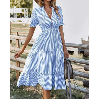 Women's Midi Dress - V-Neck Button Down - Puff Sleeve Tiered Flared Skirt - Tassel Waist