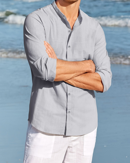 Men’s Button-Up Shirt – Relaxed Fit – Natural Fibers – Mandarin Collar – Long Sleeve