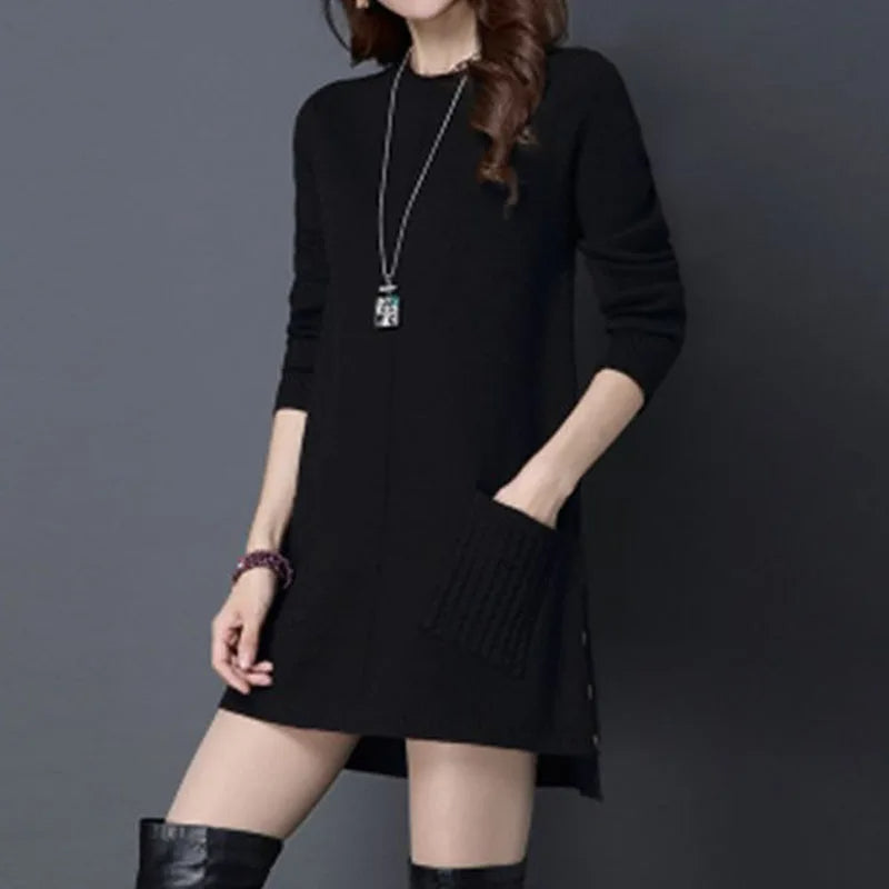 Aurora Relaxed Fit Sweater Dress | Crewneck Long Sleeve Sweater Dress