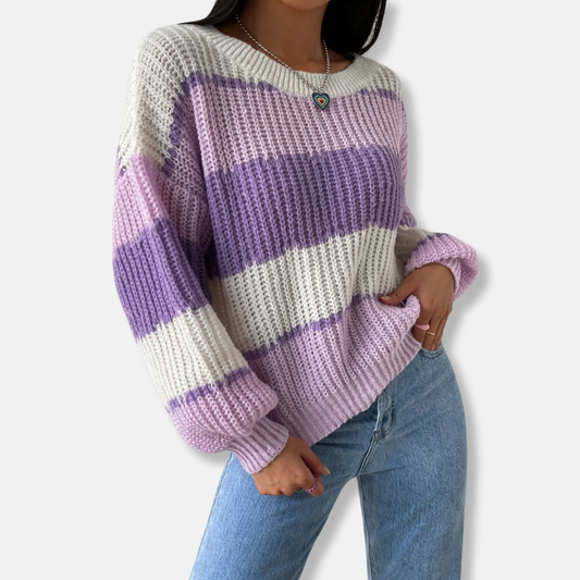 Francesca Cotton Blend Oversized Knit Sweater | Striped Crewneck Sweater