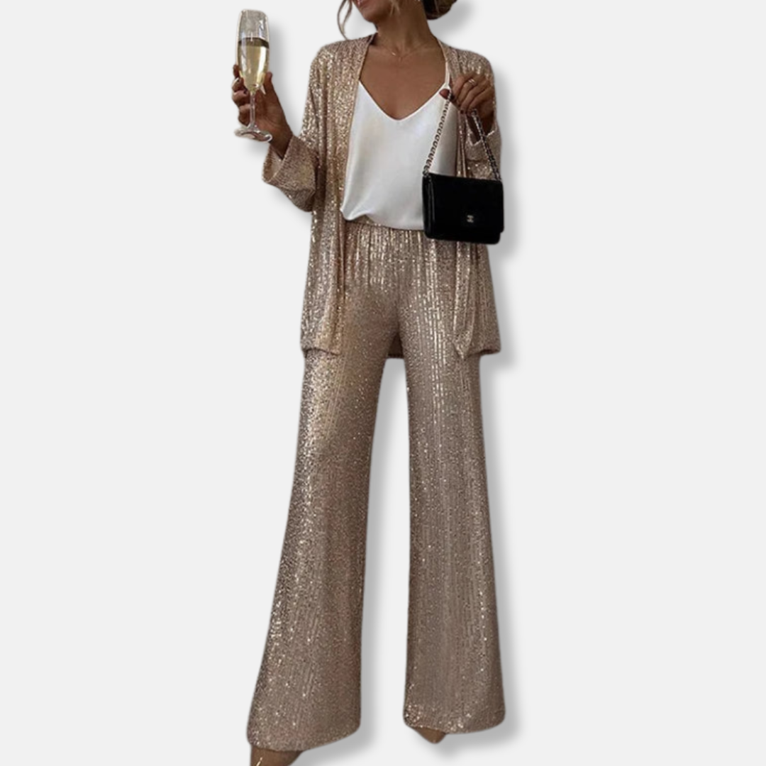 Women’s Two-Piece Set – Sequin Tailored Jacket – High-Waisted Wide-Leg Pants