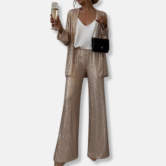 Women’s Two-Piece Set – Sequin Tailored Jacket – High-Waisted Wide-Leg Pants