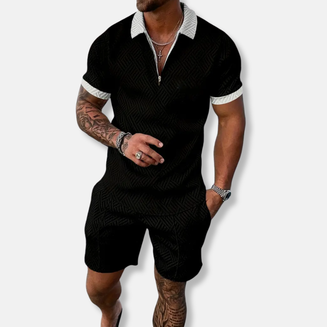 Men’s Polo Shirt and Shorts Set – Slim Fit – Breathable Blend – Zip Placket – Casual Wear
