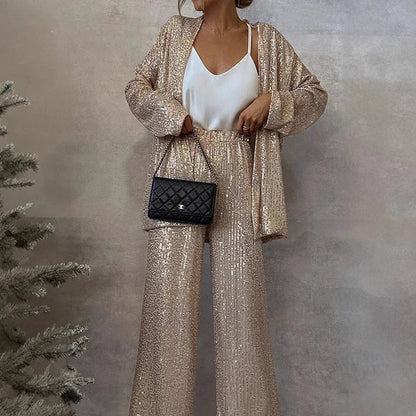 Women’s Two-Piece Set – Sequin Tailored Jacket – High-Waisted Wide-Leg Pants