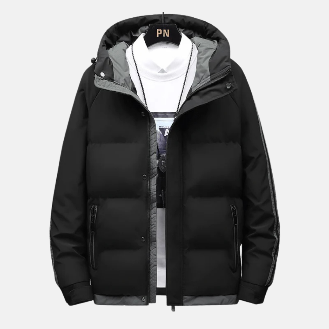 Noah Quilted Hooded Puffer Jacket | Striped Sleeves Front Pockets Puffer Jacket