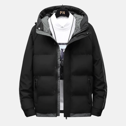 Noah Quilted Hooded Puffer Jacket | Striped Sleeves Front Pockets Puffer Jacket