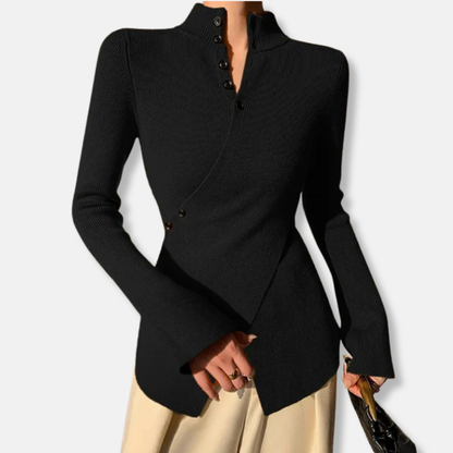 Women’s Knit Top – Slim Fit – High Neck – Long Sleeve – Asymmetric Hem – Button Detail