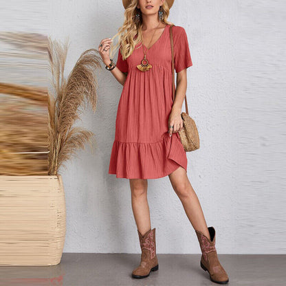 Women's A-Line Dress - Lightweight Breathable Fabric - V-Neck Short Sleeve Relaxed Fit
