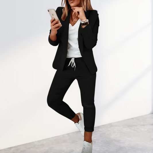 Women’s Blazer & Pants Set – Tailored Fit – Woven Fabric – Drawstring Waist – Business Casual