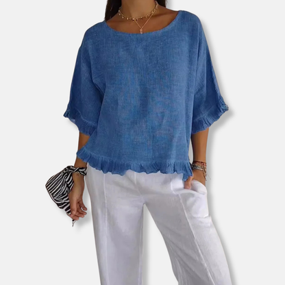 Women’s Blouse – Loose Fit – Short Sleeve – Ruffle Detail – Lightweight Woven