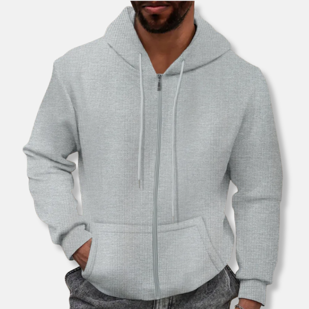 Men’s Full-Zip Hoodie – Waffle Knit – Relaxed Fit – Drawstring Hood – Kangaroo Pockets