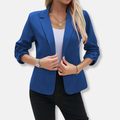Women’s Blazer – Tailored Fit – Open Front – Three-Quarter Ruched Sleeves – Hip Length