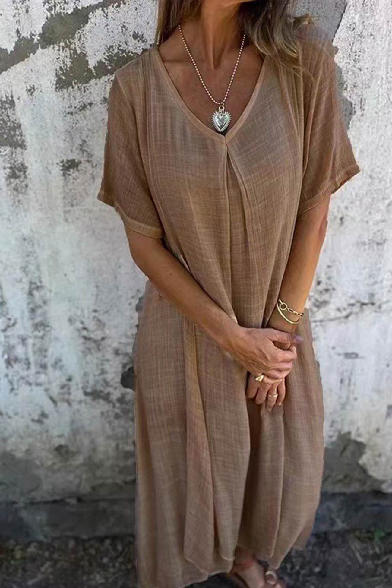 Women's Maxi Dress - Lightweight Cotton - V-Neck - Short Sleeve - Relaxed Fit
