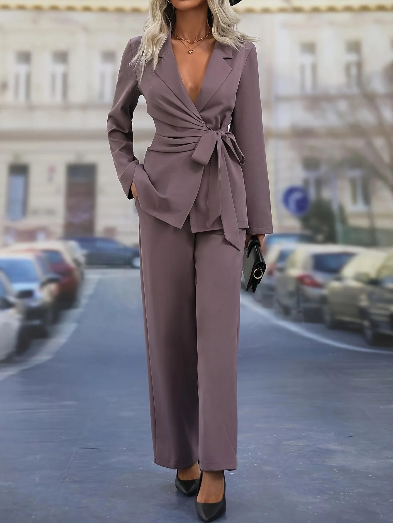 Women’s Blazer and Trousers Set - Woven Fabric - Tailored Fit - Wrap Waist