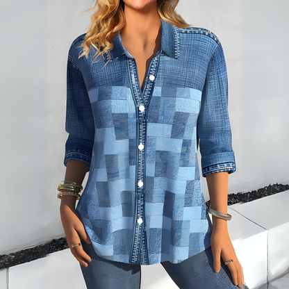Women’s Blouse – Relaxed Fit – Button Down – Patchwork Design – Cotton Blend – 3/4 Sleeve