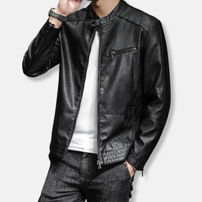 Men’s Biker Jacket – Slim Fit – Stand Collar – Zippered Pockets – Waist Length Design