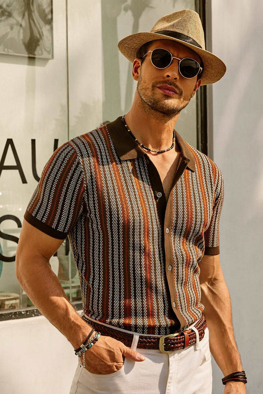 Men’s Polo Shirt – Slim Fit – Soft Knit – Retro Stripe – Short Sleeve – Button Front