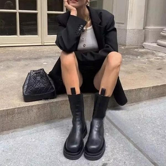 Women’s Mid-Calf Boots – Sleek Contoured Fit – Chunky Sole – Pull-On – Leather Look