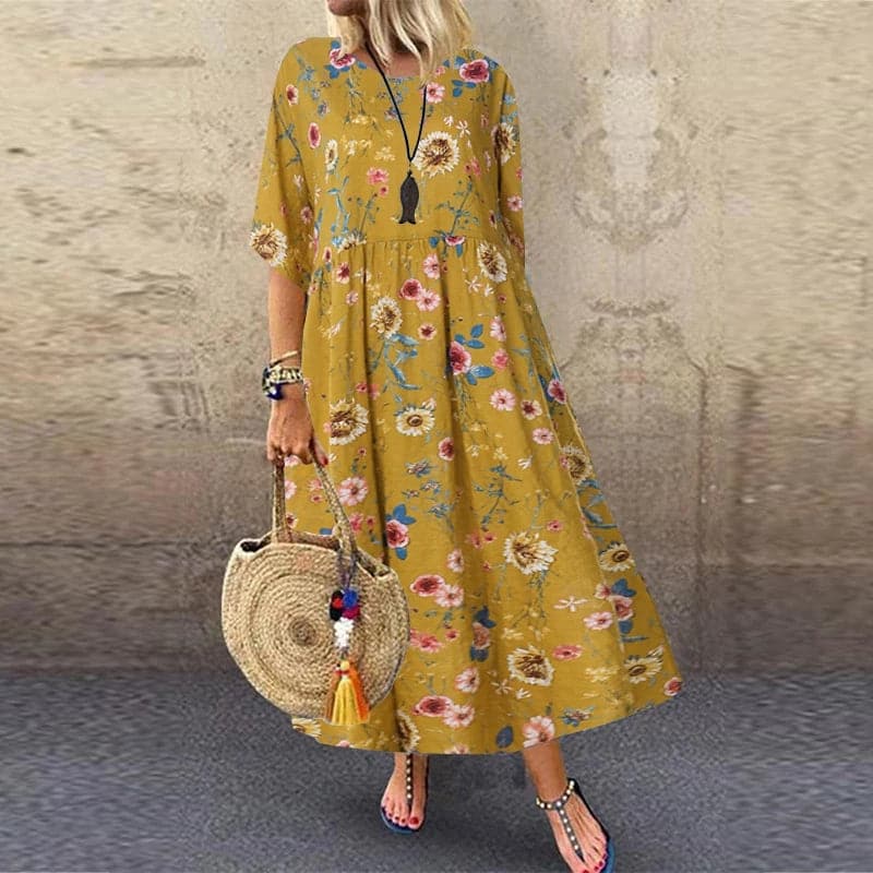 Women’s Long Dress – A-Line Fit – Floral Print – Mid Sleeve – Breathable Blend