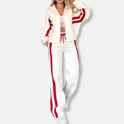 Women’s Jacket Set – Relaxed Fit – Cotton Blend – Striped Sleeve – Athleisure Wear