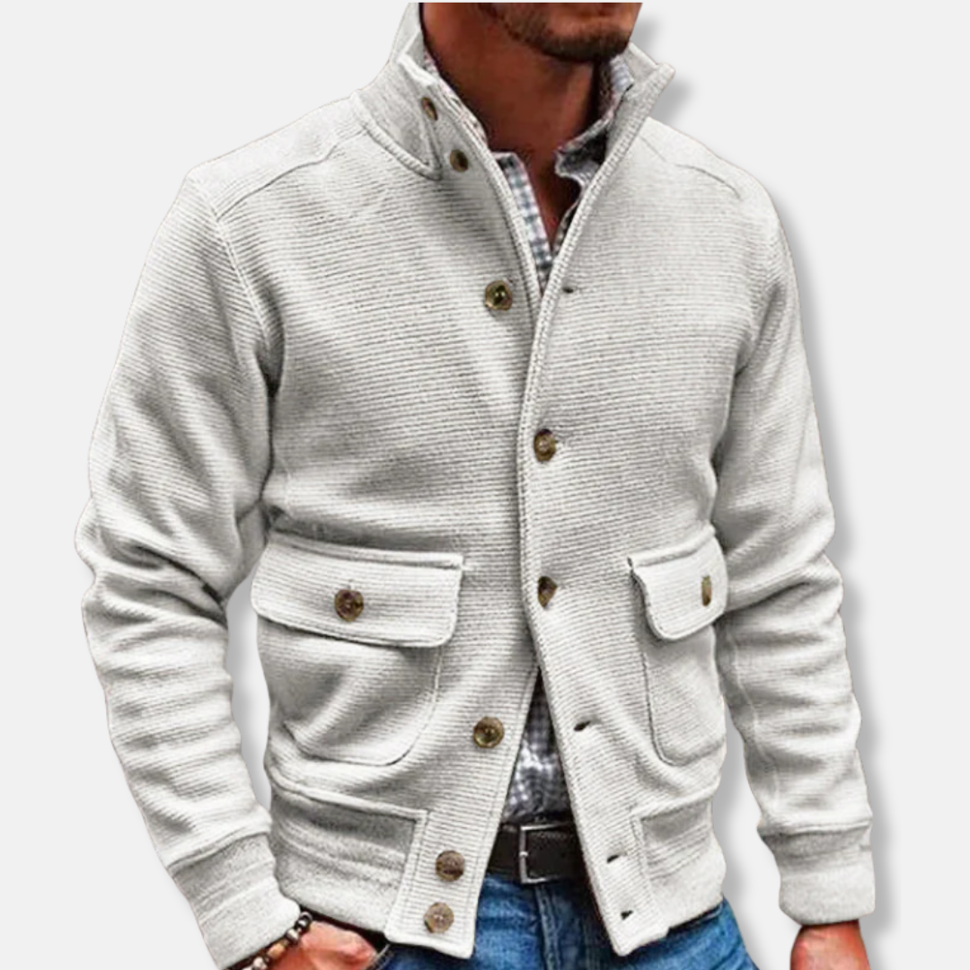 Men’s Jacket – Slim Fit – High Collar – Soft Textured Fabric – Button Front – Flap Pockets