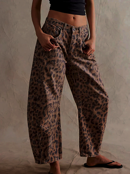 Women’s Barrel Jeans – Relaxed Fit – Full Length – Leopard Print Denim Casual Wear