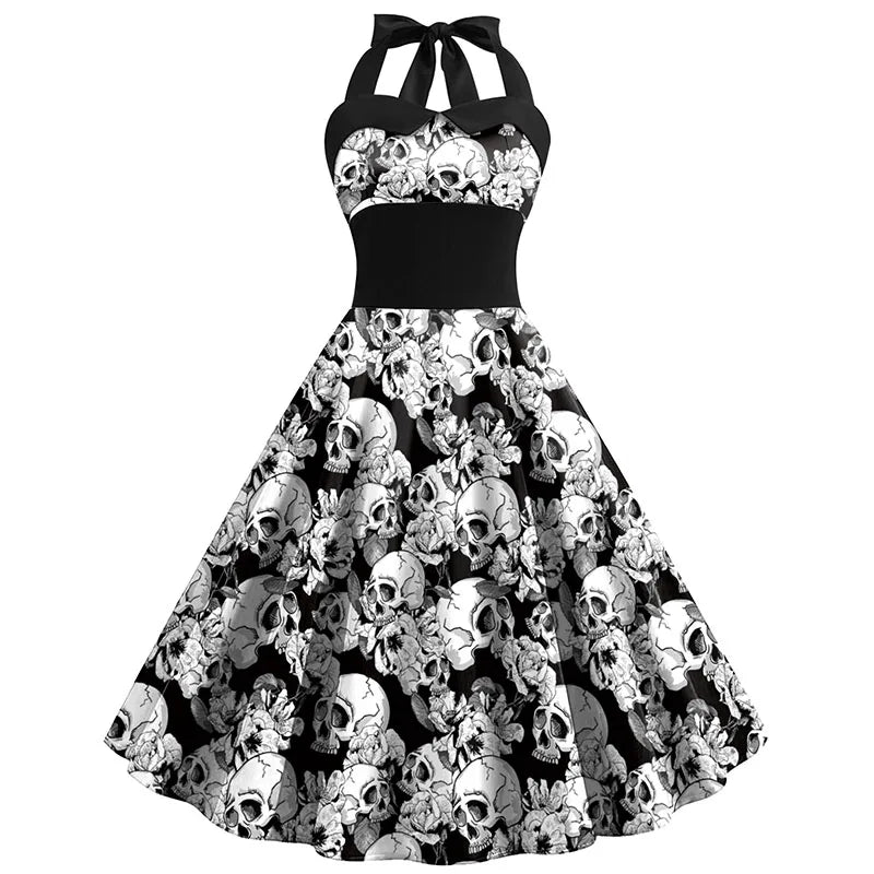 Women’s Midi Dress – Halter Neck – Skull Floral Print – Fitted Waist – Flared Skirt