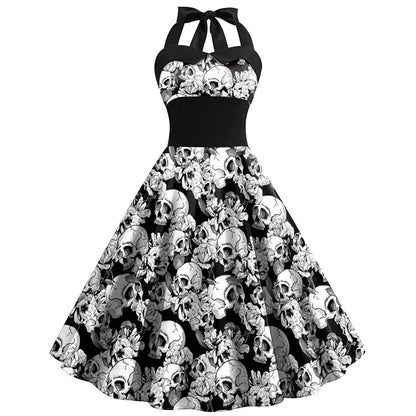 Women’s Midi Dress – Halter Neck – Skull Floral Print – Fitted Waist – Flared Skirt