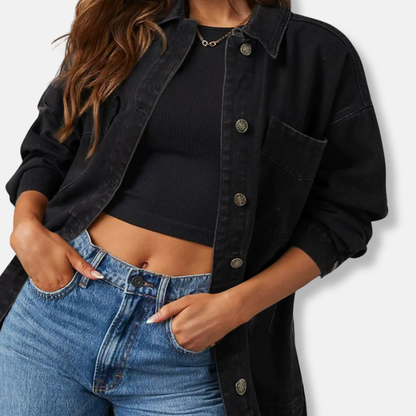 Women’s Denim Jacket – Oversized Boyfriend Fit – Chest Pockets – Button Front