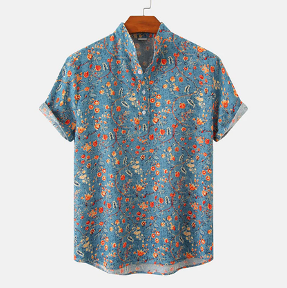 Men’s Short Sleeve Shirt – Relaxed Fit – Breathable Blend – Mandarin Collar – Floral Print