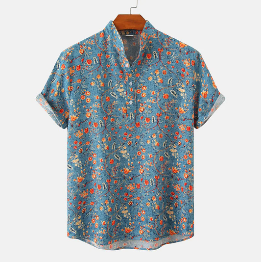 Men’s Short Sleeve Shirt – Relaxed Fit – Breathable Blend – Mandarin Collar – Floral Print