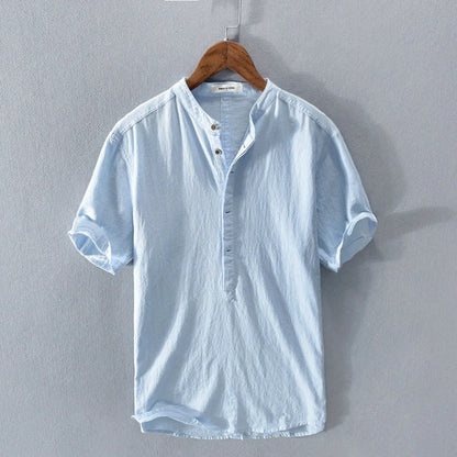 Men’s Short Sleeve Shirt – Relaxed Fit – Mandarin Collar – Natural Fibers – Casual Wear