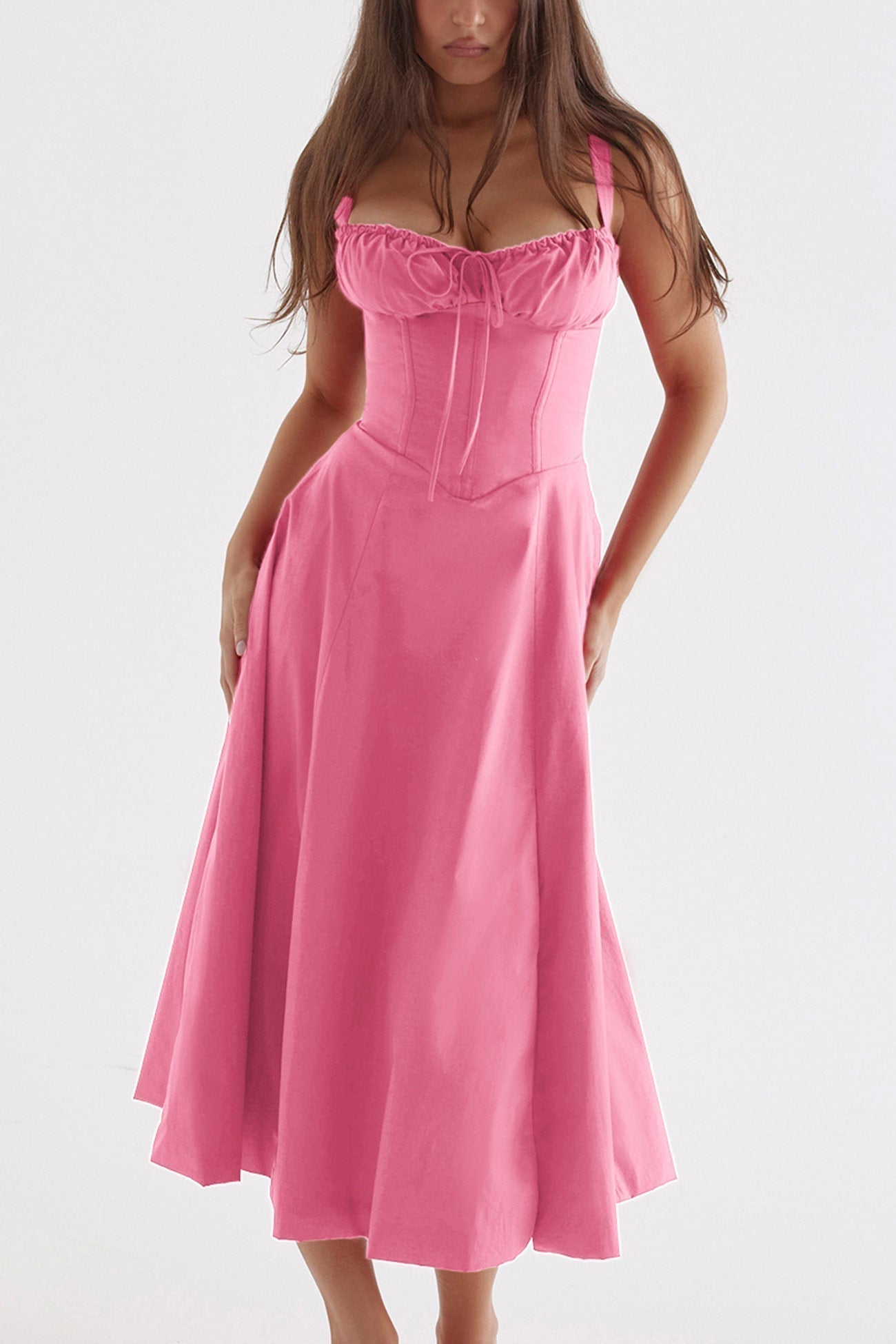 Women's Midi Dress - Corset Bodice - Sweetheart Neckline - High Slit Elegant Fit