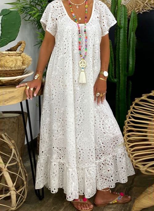 Women’s Maxi Dress – Natural Fibers – Relaxed Fit – Eyelet Embroidery – Flared Skirt