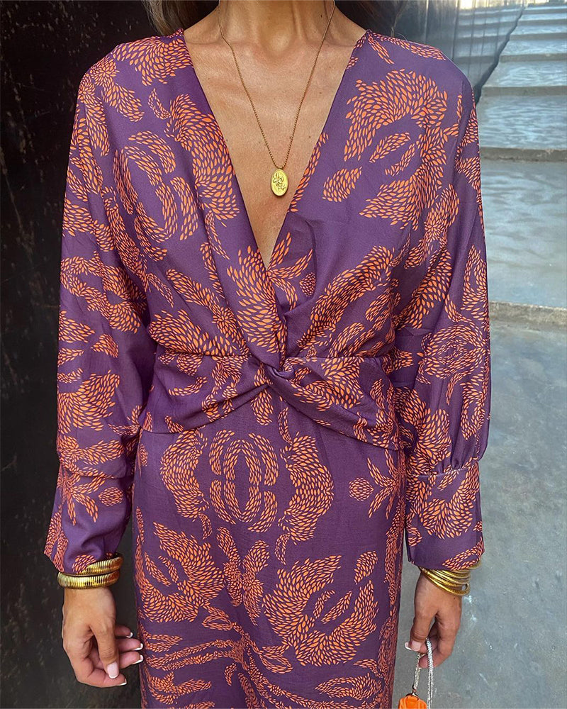 Women's Maxi Dress - V-Neck Long Sleeve - Twist Knot Waist - Elegant Formal Wear