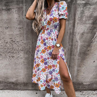 Women's Midi Dress - V-Neck - Short Puff Sleeves - Fitted Waist - Side Slit